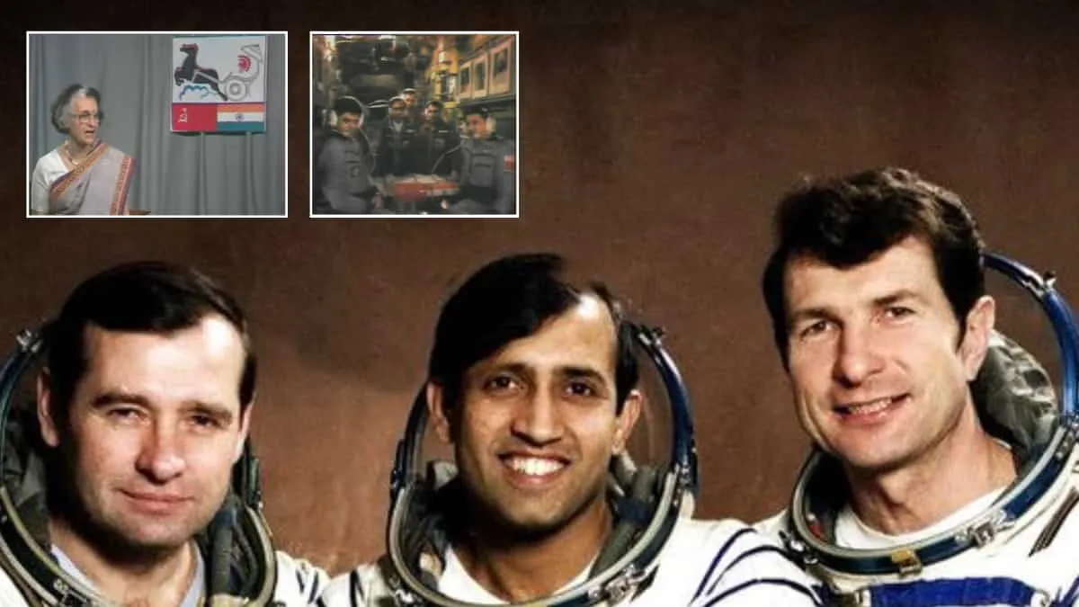 Indian Air Force's Wing Commander Rakesh Sharma, flight engineer Gennady Strekalov and commander Yury Malyshev alongside screengrabs of the-then Indian Prime Minister Indira Gandhi's interaction with Rakesh Sharma